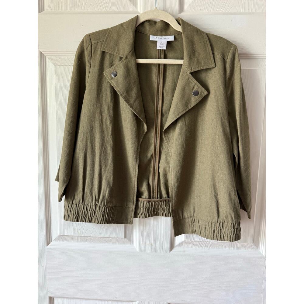 Carole Wren Olive Green Linen Blend Cropped Jacket Size M Lightweight Minimalist